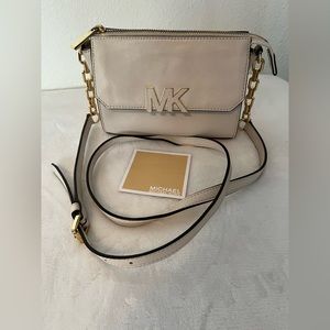 Michael Kors Florence Ivory Crossbody Messanger Bag Purse MK Logo Adj Strap
